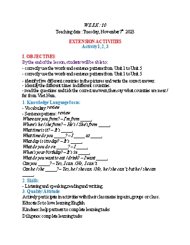 Kế hoạch bài dạy Tiếng Anh 4 - Tuần 10 (NH 2023-2024)(GV: Đào Thị Thanh Huyền)