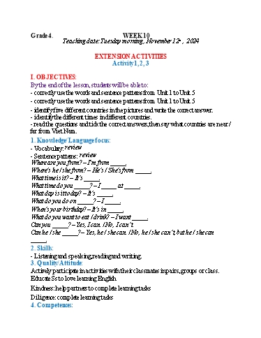 Kế hoạch bài dạy Tiếng Anh 4 - Tuần 10 (NH 2024-2025)(GV: Đào Thị Thanh Huyền)