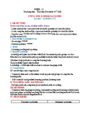 Kế hoạch bài dạy Tiếng Anh 4 - Tuần 11 (NH 2023-2024)(GV: Đào Thị Thanh Huyền)