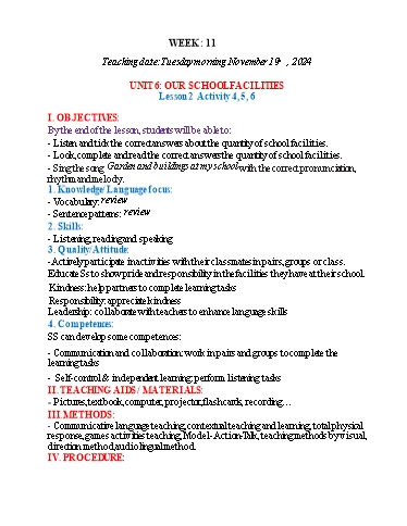 Kế hoạch bài dạy Tiếng Anh 4 - Tuần 11 (NH 2024-2025)(GV: Đào Thị Thanh Huyền)