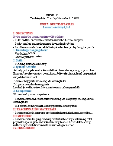 Kế hoạch bài dạy Tiếng Anh 4 - Tuần 12 (NH 2023-2024)(GV: Đào Thị Thanh Huyền)