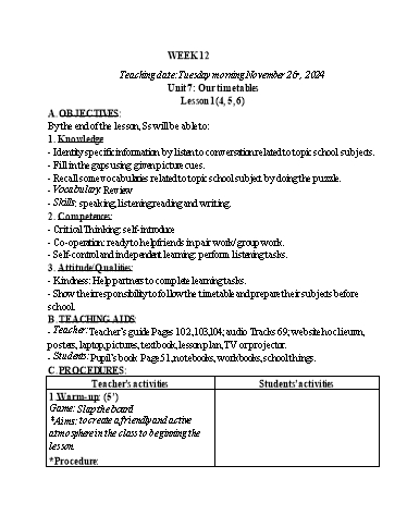 Kế hoạch bài dạy Tiếng Anh 4 - Tuần 12 (NH 2024-2025)(GV: Đào Thị Thanh Huyền)