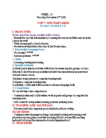 Kế hoạch bài dạy Tiếng Anh 4 - Tuần 13 (NH 2023-2024)(GV: Đào Thị Thanh Huyền)