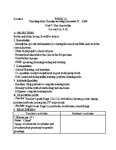 Kế hoạch bài dạy Tiếng Anh 4 - Tuần 13 (NH 2024-2025)(GV: Đào Thị Thanh Huyền)