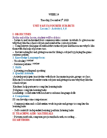 Kế hoạch bài dạy Tiếng Anh 4 - Tuần 14 (NH 2023-2024)(GV: Đào Thị Thanh Huyền)