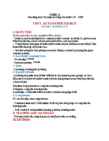 Kế hoạch bài dạy Tiếng Anh 4 - Tuần 14 (NH 2024-2025)(GV: Đào Thị Thanh Huyền)