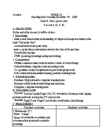 Kế hoạch bài dạy Tiếng Anh 4 - Tuần 16 (NH 2023-2024)(GV: Đào Thị Thanh Huyền)