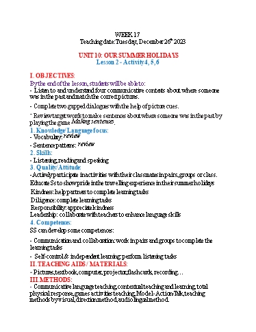 Kế hoạch bài dạy Tiếng Anh 4 - Tuần 17 (NH 2023-2024)(GV: Đào Thị Thanh Huyền)