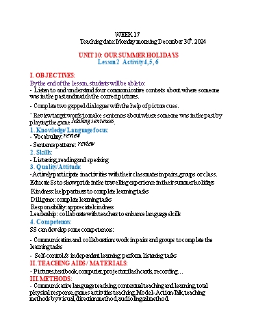 Kế hoạch bài dạy Tiếng Anh 4 - Tuần 17 (NH 2024-2025)(GV: Đào Thị Thanh Huyền)