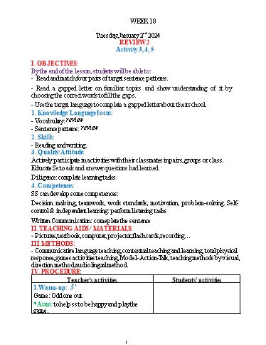 Kế hoạch bài dạy Tiếng Anh 4 - Tuần 18 (NH 2023-2024)(GV: Đào Thị Thanh Huyền)