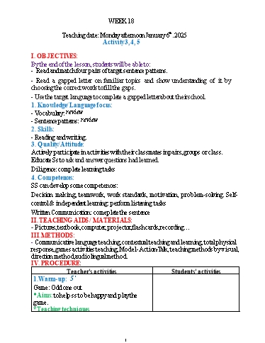 Kế hoạch bài dạy Tiếng Anh 4 - Tuần 18 (NH 2024-2025)(GV: Đào Thị Thanh Huyền)