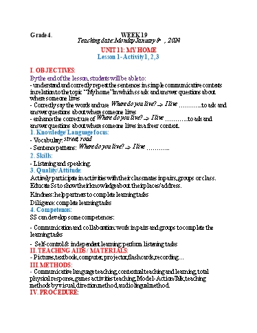 Kế hoạch bài dạy Tiếng Anh 4 - Tuần 19 (NH 2023-2024)(GV: Đào Thị Thanh Huyền)