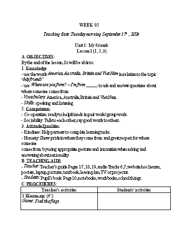 Kế hoạch bài dạy Tiếng Anh 4 - Tuần 2 (NH 2024-2025)(GV: Đào Thị Thanh Huyền)