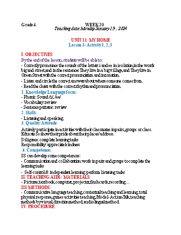 Kế hoạch bài dạy Tiếng Anh 4 - Tuần 20 (NH 2023-2024)(GV: Đào Thị Thanh Huyền)