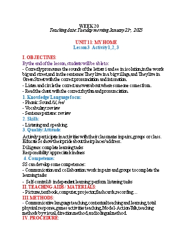 Kế hoạch bài dạy Tiếng Anh 4 - Tuần 20 (NH 2024-2025)(GV: Đào Thị Thanh Huyền)