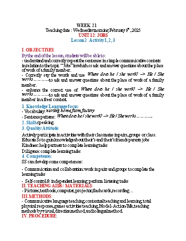 Kế hoạch bài dạy Tiếng Anh 4 - Tuần 21 (NH 2024-2025)(GV: Đào Thị Thanh Huyền)