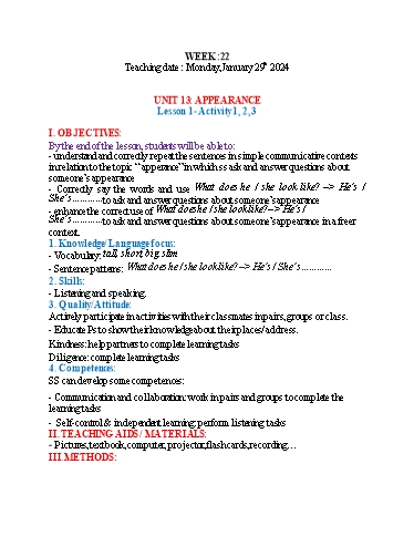 Kế hoạch bài dạy Tiếng Anh 4 - Tuần 22 (NH 2023-2024)(GV: Đào Thị Thanh Huyền)