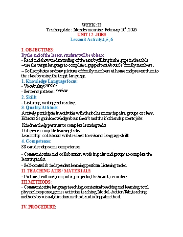 Kế hoạch bài dạy Tiếng Anh 4 - Tuần 22 (NH 2024-2025)(GV: Đào Thị Thanh Huyền)