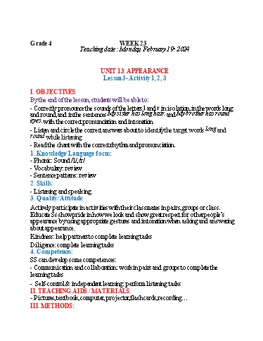 Kế hoạch bài dạy Tiếng Anh 4 - Tuần 23, NH 2023-2024 (GV: Trần Thị Ngọc Hiền)