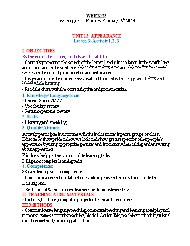 Kế hoạch bài dạy Tiếng Anh 4 - Tuần 23 (NH 2023-2024)(GV: Đào Thị Thanh Huyền)