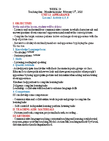 Kế hoạch bài dạy Tiếng Anh 4 - Tuần 23 (NH 2024-2025)(GV: Đào Thị Thanh Huyền)