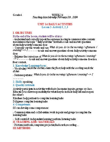 Kế hoạch bài dạy Tiếng Anh 4 - Tuần 24 (NH 2023-2024)(GV: Đào Thị Thanh Huyền)