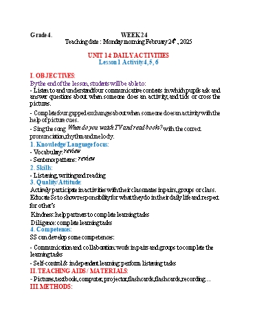 Kế hoạch bài dạy Tiếng Anh 4 - Tuần 24 (NH 2024-2025)(GV: Đào Thị Thanh Huyền)