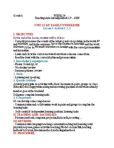 Kế hoạch bài dạy Tiếng Anh 4 - Tuần 26 (NH 2023-2024)(GV: Đào Thị Thanh Huyền)