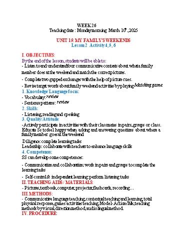 Kế hoạch bài dạy Tiếng Anh 4 - Tuần 26 (NH 2024-2025)(GV: Đào Thị Thanh Huyền)