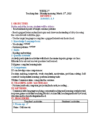 Kế hoạch bài dạy Tiếng Anh 4 - Tuần 27 (NH 2024-2025)(GV: Đào Thị Thanh Huyền)