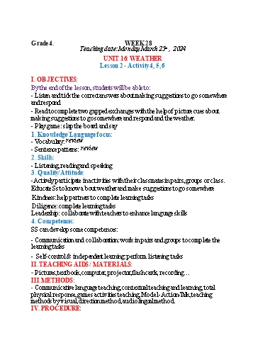 Kế hoạch bài dạy Tiếng Anh 4 - Tuần 28 (NH 2023-2024)(GV: Đào Thị Thanh Huyền)