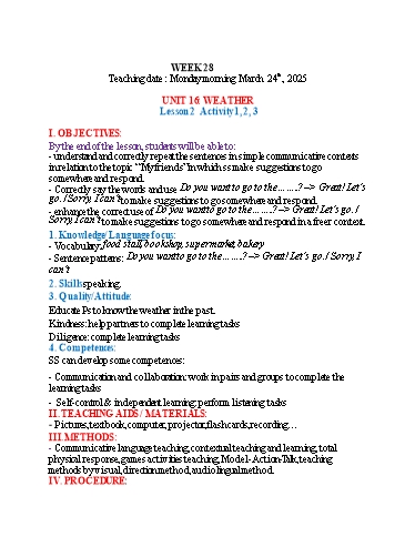 Kế hoạch bài dạy Tiếng Anh 4 - Tuần 28 (NH 2024-2025)(GV: Đào Thị Thanh Huyền)