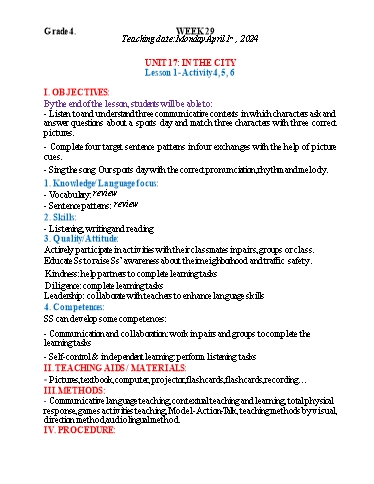 Kế hoạch bài dạy Tiếng Anh 4 - Tuần 29 (NH 2023-2024)(GV: Đào Thị Thanh Huyền)