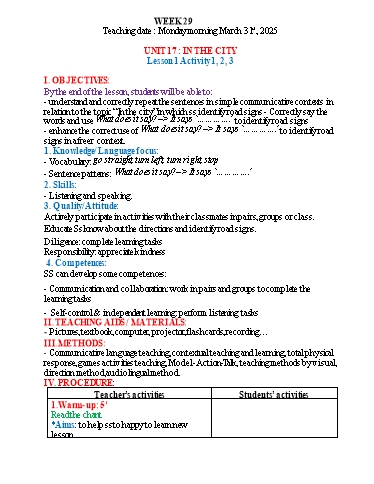 Kế hoạch bài dạy Tiếng Anh 4 - Tuần 29 (NH 2024-2025)(GV: Đào Thị Thanh Huyền)