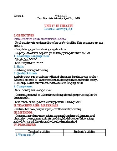 Kế hoạch bài dạy Tiếng Anh 4 - Tuần 30 (NH 2023-2024)(GV: Đào Thị Thanh Huyền)