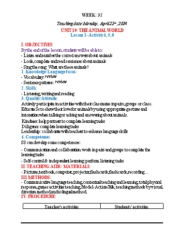 Kế hoạch bài dạy Tiếng Anh 4 - Tuần 32 (NH 2023-2024)(GV: Đào Thị Thanh Huyền)