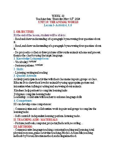 Kế hoạch bài dạy Tiếng Anh 4 - Tuần 33 (NH 2023-2024)(GV: Đào Thị Thanh Huyền)