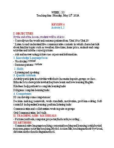 Kế hoạch bài dạy Tiếng Anh 4 - Tuần 35 (NH 2023-2024)(GV: Đào Thị Thanh Huyền)