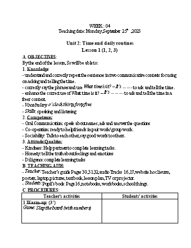 Kế hoạch bài dạy Tiếng Anh 4 - Tuần 4 (NH 2023-2024)(GV: Đào Thị Thanh Huyền)