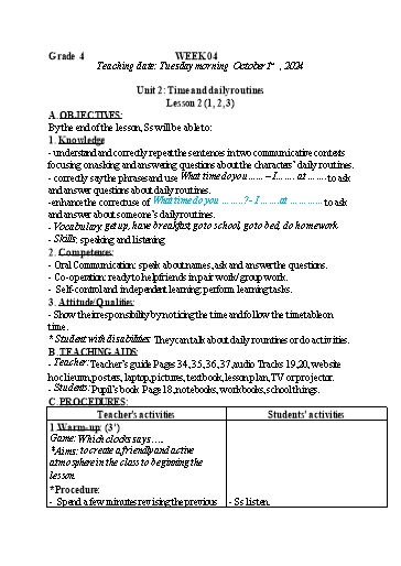 Kế hoạch bài dạy Tiếng Anh 4 - Tuần 4 (NH 2024-2025)(GV: Đào Thị Thanh Huyền)