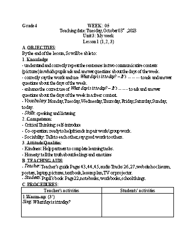 Kế hoạch bài dạy Tiếng Anh 4 - Tuần 5 (NH 2023-2024)(GV: Đào Thị Thanh Huyền)
