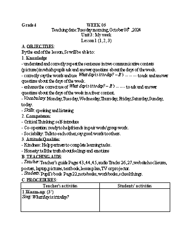 Kế hoạch bài dạy Tiếng Anh 4 - Tuần 5 (NH 2024-2025)(GV: Đào Thị Thanh Huyền)
