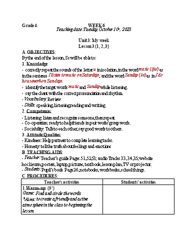 Kế hoạch bài dạy Tiếng Anh 4 - Tuần 6 (NH 2023-2024)(GV: Đào Thị Thanh Huyền)