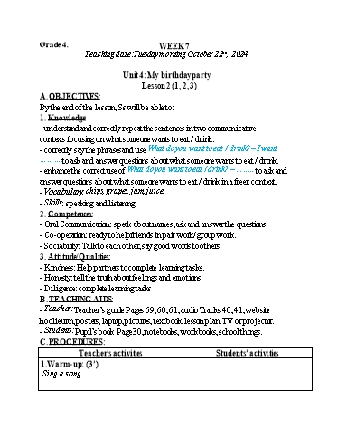 Kế hoạch bài dạy Tiếng Anh 4 - Tuần 7 (NH 2024-2025)(GV: Đào Thị Thanh Huyền)