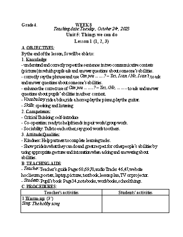 Kế hoạch bài dạy Tiếng Anh 4 - Tuần 8 (NH 2023-2024)(GV: Đào Thị Thanh Huyền)