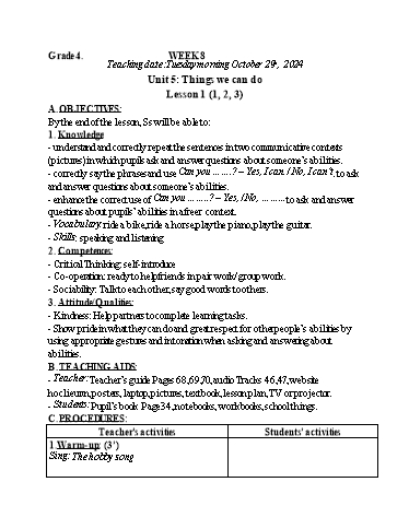 Kế hoạch bài dạy Tiếng Anh 4 - Tuần 8 (NH 2024-2025)(GV: Đào Thị Thanh Huyền)