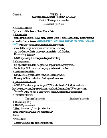 Kế hoạch bài dạy Tiếng Anh 4 - Tuần 9 (NH 2023-2024)(GV: Đào Thị Thanh Huyền)