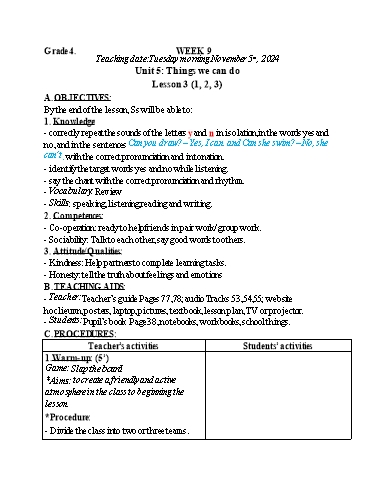 Kế hoạch bài dạy Tiếng Anh 4 - Tuần 9 (NH 2024-2025)(GV: Đào Thị Thanh Huyền)