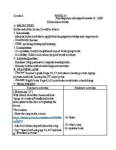 Kế hoạch bài dạy Tiếng Anh 4+5 - Tuần 10, NH 2023-2024 (GV: Trần Thị Ngọc Hiền)