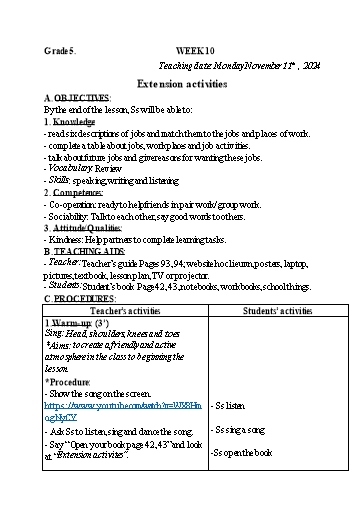 Kế hoạch bài dạy Tiếng Anh 4+5 - Tuần 10, NH 2024-2025 (GV: Trần Thị Ngọc Hiền)